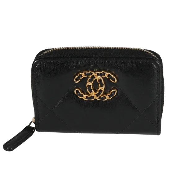 Chanel 19 Card Holder With Zipper Leather Black Wallet