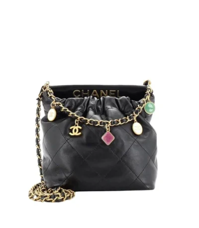 chanel hobo resin charms chain bucket bag quilted lambskin black 20cm mbumx