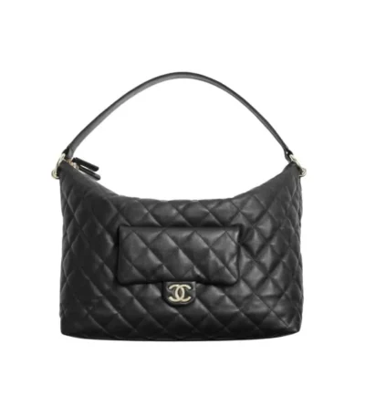 chanel maxi size hobo bag black calfskin and gold tone metal black 27cm hqjdz