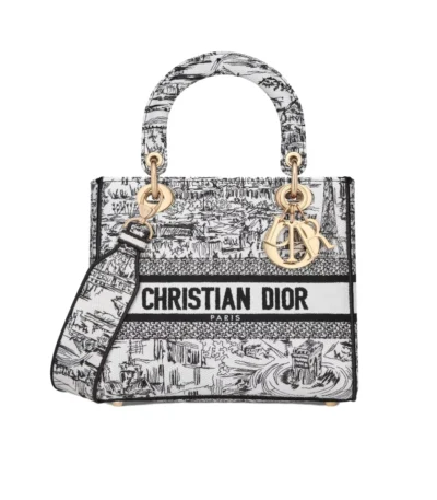 dior medium lady d lite bag paris allover embroidery white and black 24cm ntwlo
