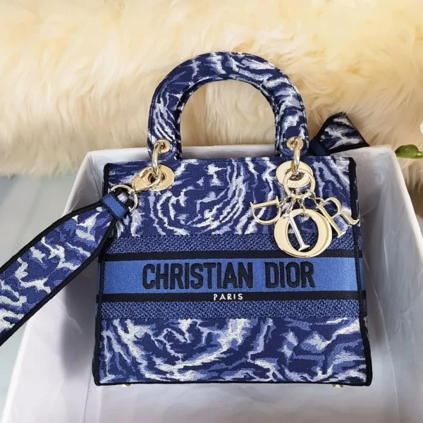 Dior Medium Lady D-Lite Dark Blue Embroidery 24Cm
