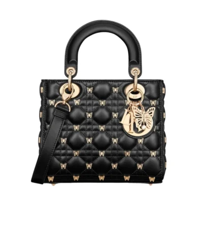 dior small lady dior bag cannage lambskin with gold finish butterfly studs black 20cm soazn