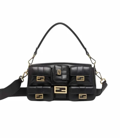 fendi multipocket baguette brown ff jacquard fabric bag black 26cm f6amg