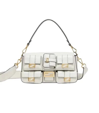 fendi multipocket baguette brown ff jacquard fabric bag white 26cm bkggv