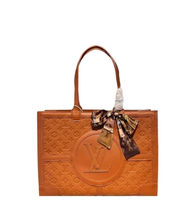 louis vuitton lv logo tote bag embossed cowhide leather brown 40cm uedi4