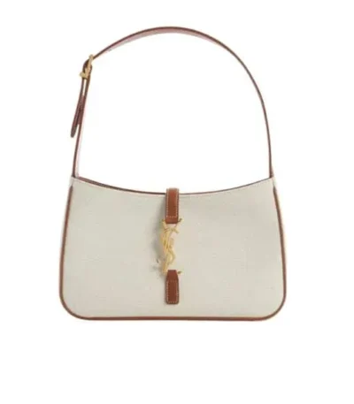 saint laurent le 5 7 linen canvas hobo bag white and brown 25cm jj5dl