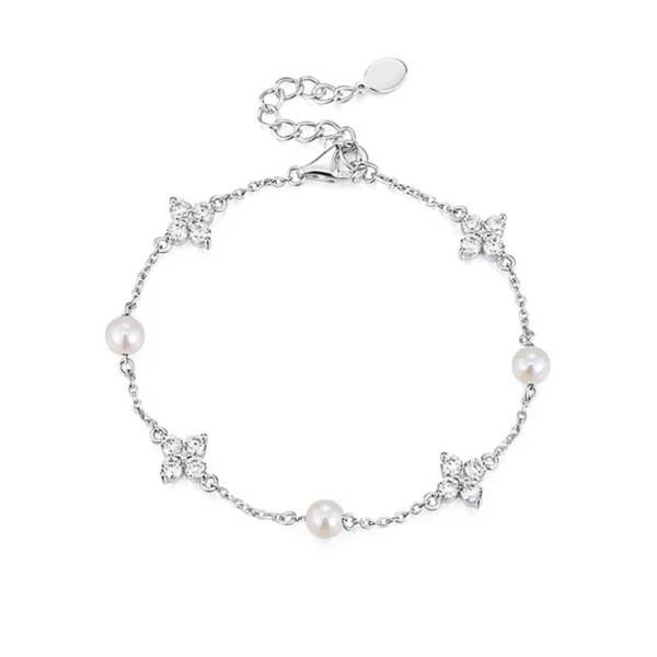 Elegant Starlight Shell Bead Bracelet in White Gold-Finish 925 Sterling Silver – Gift for Women