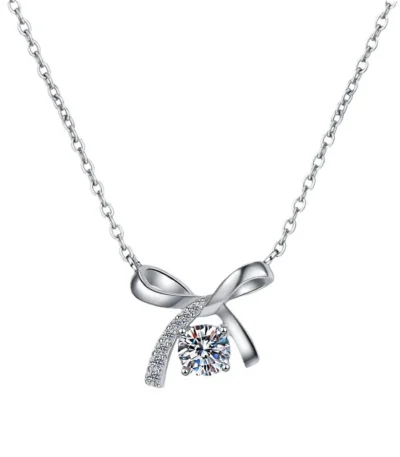 Luxury S925 Sterling Silver Necklace for Women – Bowknot Chain with Moissanite Pendant 1