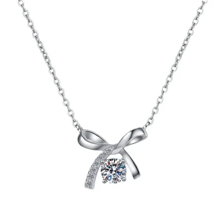 Luxury S925 Sterling Silver Necklace for Women – Bowknot Chain with Moissanite Pendant 1