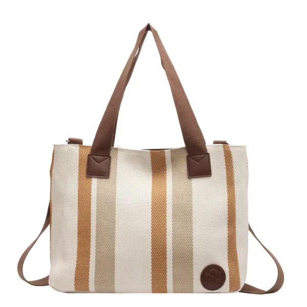 Korean-Style Large-Capacity Canvas Tote – Casual Fashion Shoulder Bag with Vertical Stripe Design