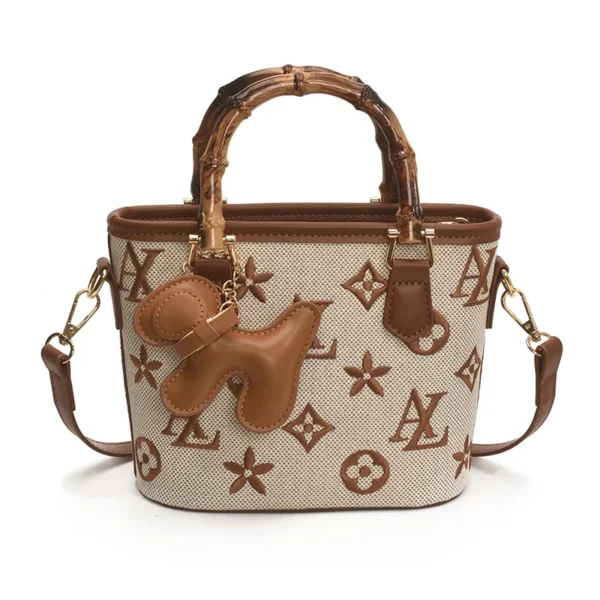 Luxury Bamboo-Handle Bucket Bag – Korean Color-Blocking Shoulder & Trendy Letter Print Crossbody for Women
